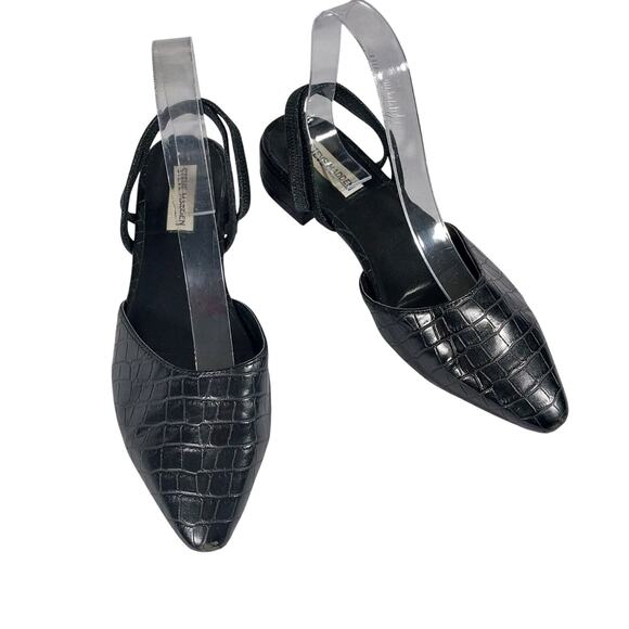 STEVE MADDEN! BLACK VEGAN LEATHER CROCO IMPRINT POINTY TOE LOW HEELS! SZ 8.5M - Picture 2 of 10